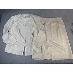Adriana Papell Skirt Suit Set 100% Silk Knee Length Embroidered Beading 20W